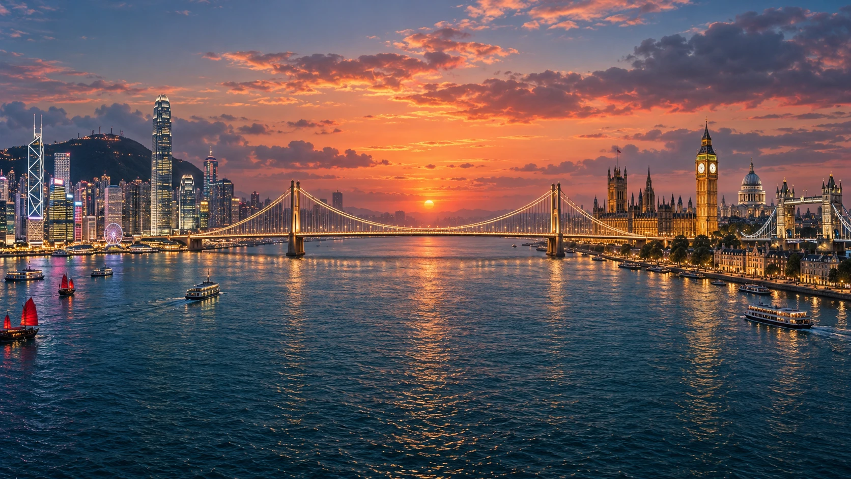 AI-generated imaginary bridge connecting Hong Kong ↔ London