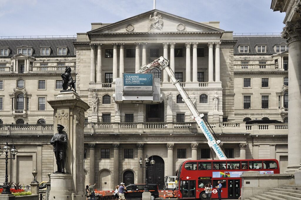 Bank of England Museum: Bank of England exterior during facade cleaning, for context; not a view of the museum galleries.