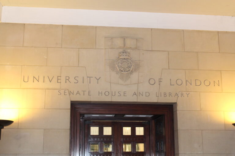 Graduate visa guide: Senate House entrance with University of London lettering, shown for context
